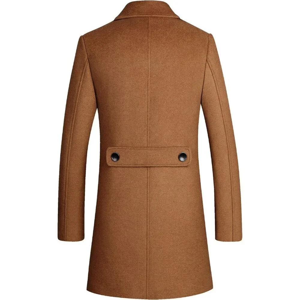 Men's Camel Premium Wool Blend Double Breasted Imported Long Pea Coat